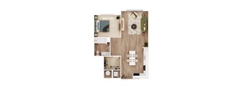 a stylized floor plan of a bedroom with a bathroom and a living room