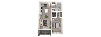 A floor plan of a small apartment with a kitchen, living area and bedroom.