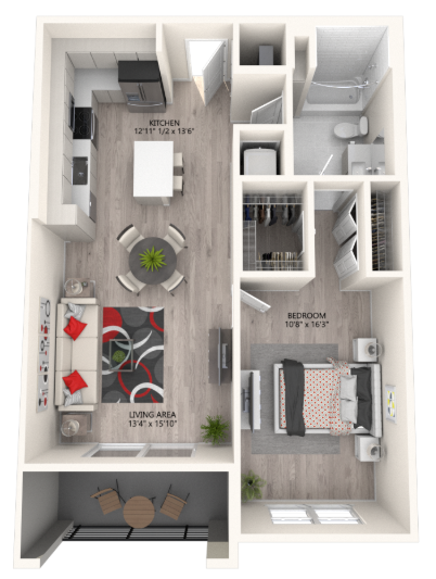 A floor plan of a small apartment with a kitchen, living area and bedroom.