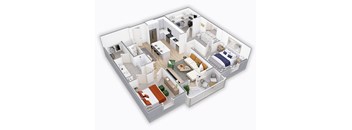 3d floor plan of a bedroom and living room