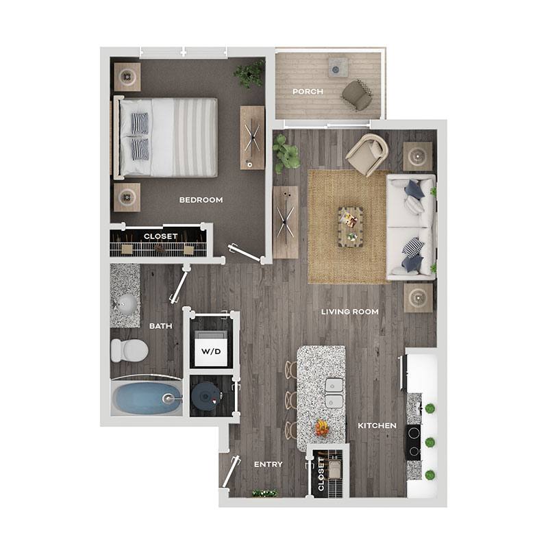 A floor plan of a house showing a bedroom, bathroom, living room, kitchen, and entry.