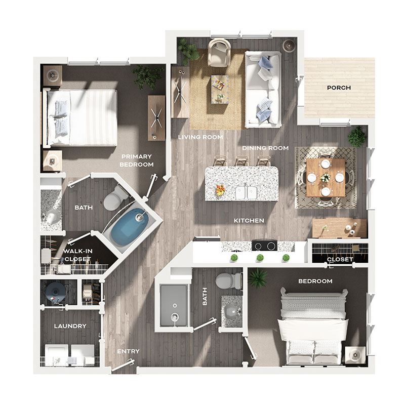 A floor plan of a house with a primary bedroom, living room, dining room, kitchen, and bathrooms.