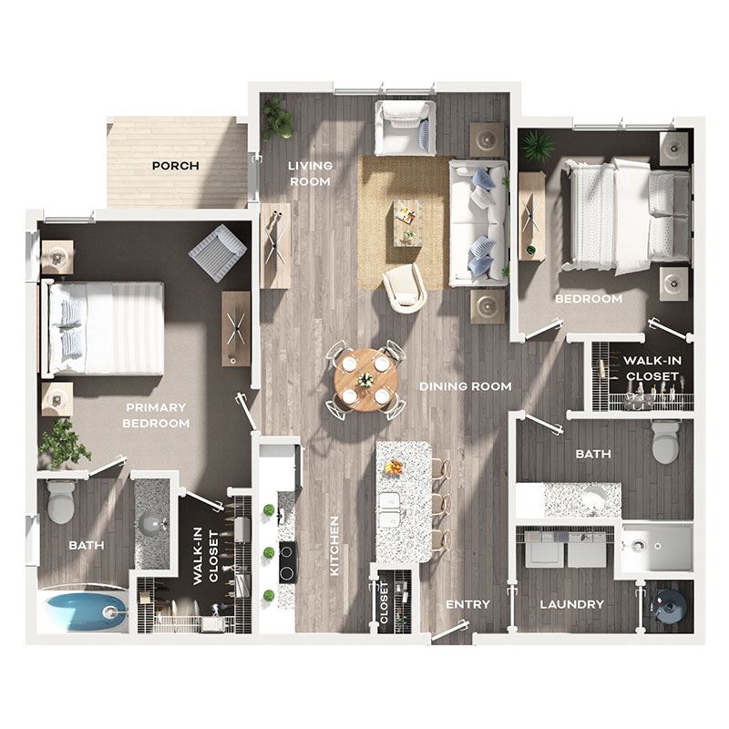 A floor plan of a house with a porch, living room, dining room, kitchen, and multiple bathrooms.