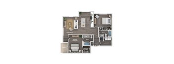 A floor plan of a house with a living room, kitchen, dining room, and bathrooms.