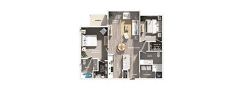 A floor plan of a house with a porch, living room, dining room, kitchen, and multiple bathrooms.