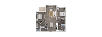A floor plan of a house with a living room, two bedrooms, a bathroom, a laundry area, a kitchen, a porch, and a walk-in closet.
