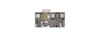 A floor plan of a house with a living room, two bedrooms, two bathrooms, a kitchen, a dining room, a porch, and a walk-in closet.