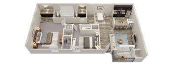 A 3D floor plan of a house with multiple rooms and furniture.