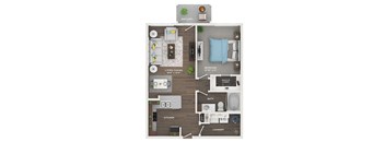 A floor plan of a one bedroom apartment with a living room, dining room, kitchen, bathroom, and laundry room.