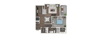 A floor plan of a small apartment with a living room, kitchen, bedroom, bathroom, and laundry area.