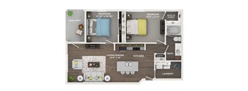 A floor plan of a small apartment with a balcony, two bedrooms, a living/dining area, kitchen, bathroom, and laundry room.