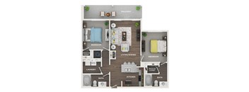 A floor plan of a small apartment with a living room, two bedrooms, a kitchen, a bathroom, and a laundry area.