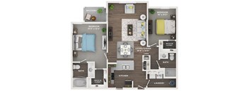 A floor plan of a two bedroom apartment with a living room, kitchen, and bathroom.