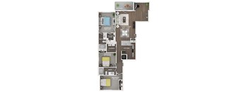 A floor plan of an apartment with three bedrooms, a living area, a kitchen, a laundry room, and a walk-in closet.