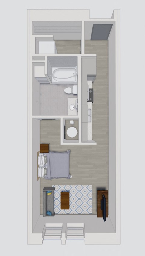 a stylized floor plan of a small apartment