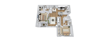 A top-down view of a well-organized apartment layout.