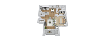 A top-down view of a modern, open-plan living space with a kitchen, dining area, and living room.