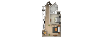 A floor plan of a house with a kitchen, living room, dining room, and bathroom.