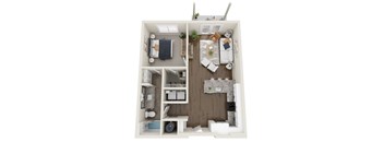 A top-down view of a small, neatly organized apartment with a kitchen, living room, and bathroom.