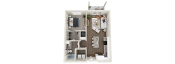 A top-down view of a small apartment with a kitchen, living room, and bathroom.