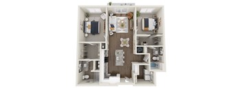 A top-down view of a small apartment with a kitchen, living room, and bathroom.