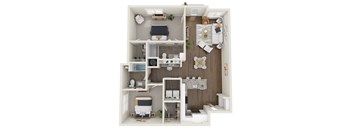 A 3D floor plan of a small apartment with a kitchen, living room, and bathroom.