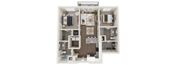 A top-down view of a small apartment with a kitchen, living room, and bathroom.