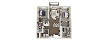 A top-down view of a small apartment layout with a kitchen, living room, and bathroom.