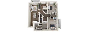 A 3D floor plan of a small apartment with a kitchen, living room, and bathroom.