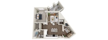 A top-down view of a small apartment with a kitchen, living room, and bedroom.