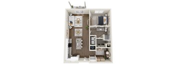 A top-down view of a small apartment with a kitchen, living room, and bedroom.