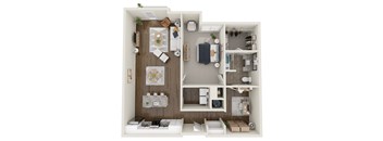 A 3D floor plan of a small apartment with a kitchen, living room, and bedroom.