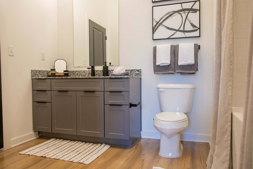 a bathroom with gray cabinets and a white toilet