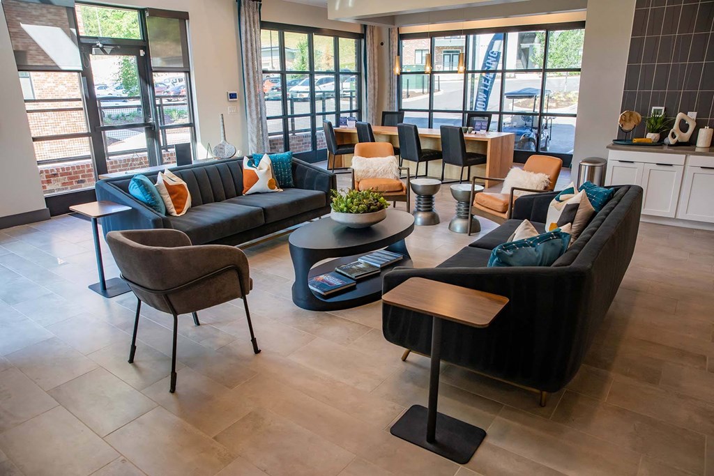 a seating area in the leasing office