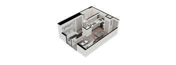 A 3D rendered image of a modern apartment layout.