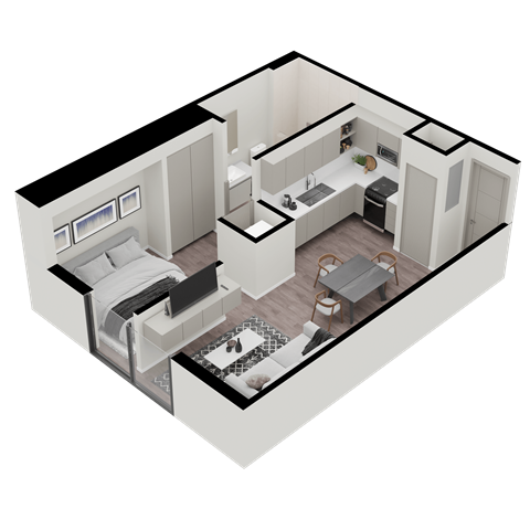 A 3D rendered image of a modern apartment layout.