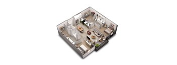 A 3D floor plan of a house with a kitchen, living room, and bathrooms.