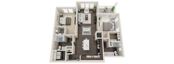 A top-down view of a modern apartment layout with a kitchen, living room, and two bedrooms.