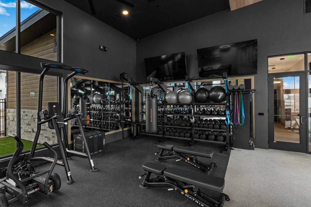 a home gym with weights and equipment and a tv on the wall