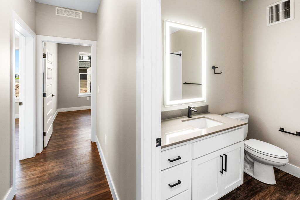 a bathroom with a mirror and a toilet and a sink