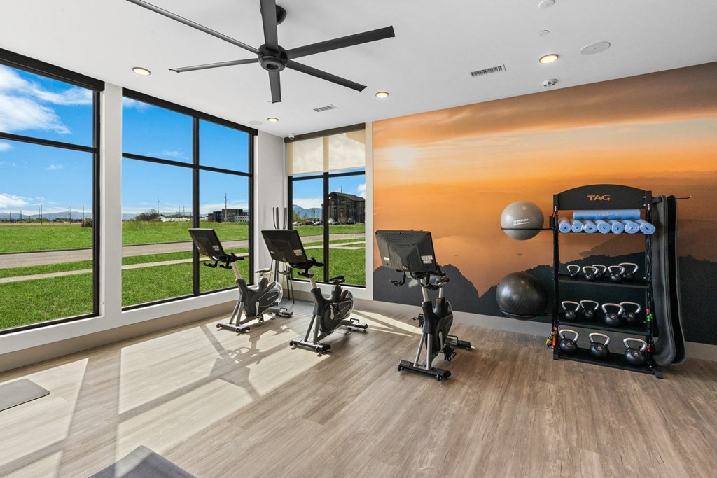 a home gym with windows and a view of a field