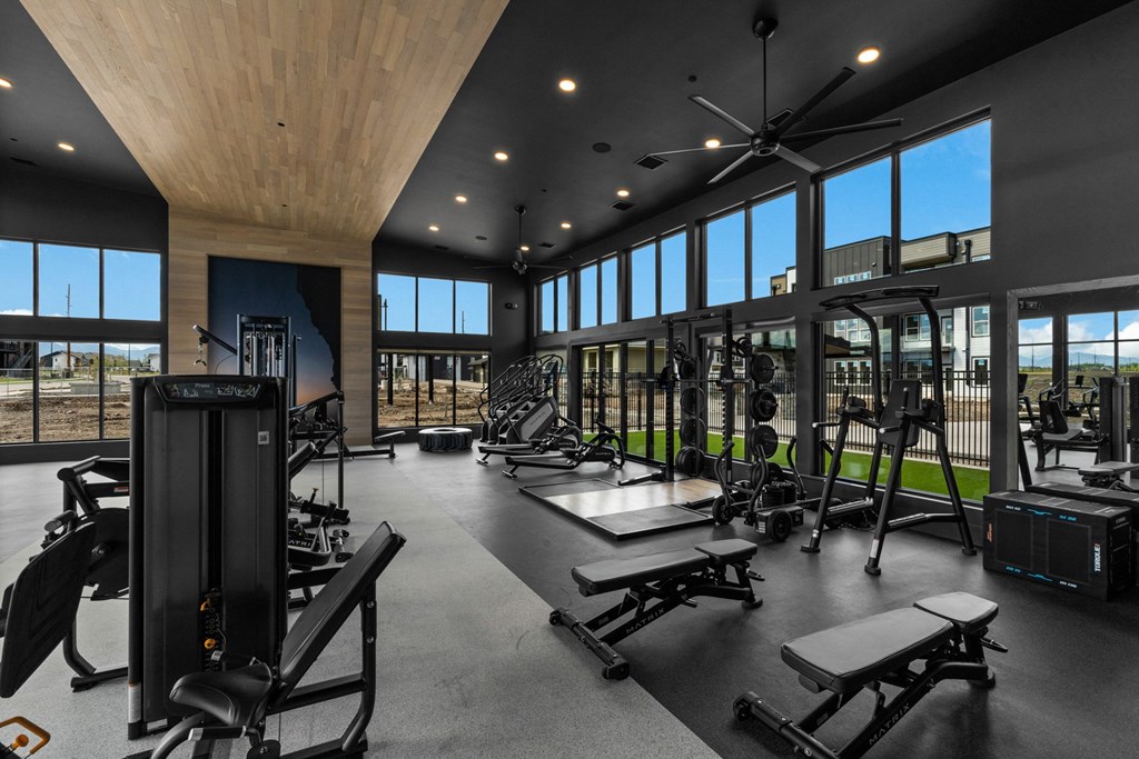 a gym with weights machines and windows with a view of a golf course