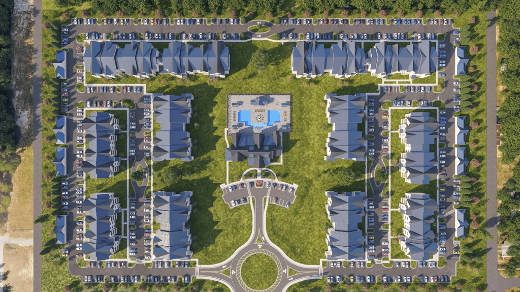 an overhead view of a parking lot in a residential area