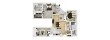 A 3D floor plan of a house with a kitchen, living room, and bathroom.