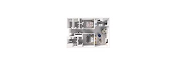 A white model of a house with a kitchen, living room, and bathroom.