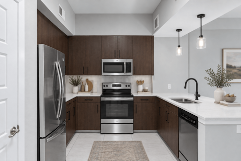 A modern kitchen with a refrigerator, oven, microwave, and sink.