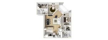 A top-down view of a small apartment with a kitchen, living room, and bedroom.