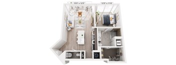 A diagram of a small apartment layout with a living room, kitchen, and bathroom.
