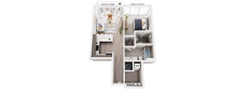 A floor plan of a small apartment with a living room, kitchen, and bathroom.