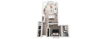 A 3D floor plan of a small apartment with a kitchen, living room, and bathroom.